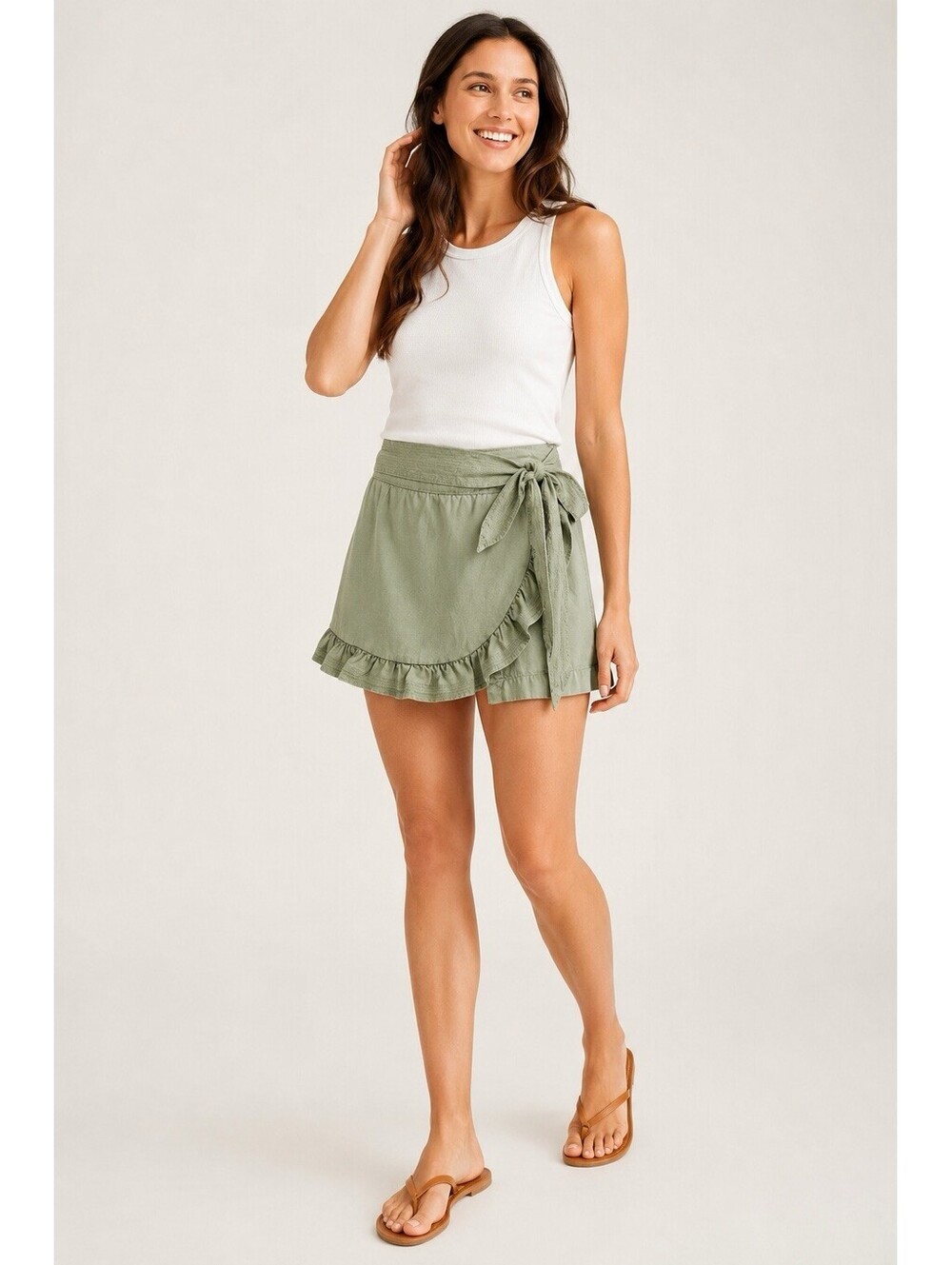 Vineyard Vines Ruffle Skort Sage Olive Wrap Tie Lyocell Cotton Size 16 NWT